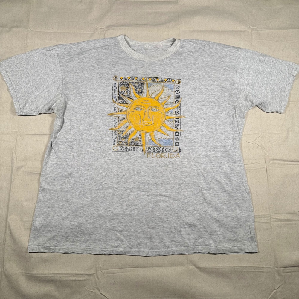 Vintage Florida Sun Graphic T-Shirt Gray Heather Celestial Souvenir Tee XXL